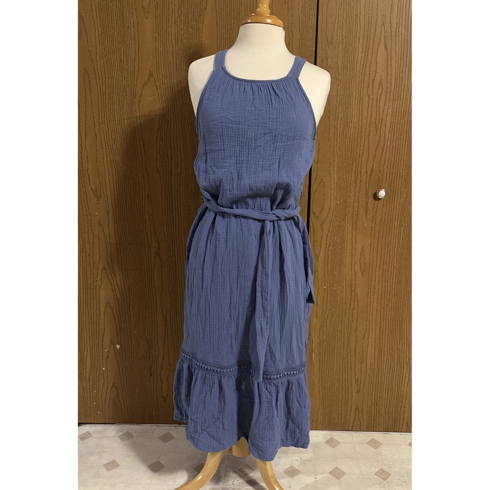 AGB Women Midi Dress Size S Blue Sleeveless Belted Scoop Neck Solid Cotton